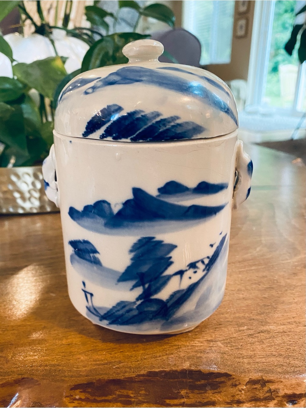 VTG 1940s Chinese Tea Caddy Canister Blue White Hand Painted Landscape Porcelain